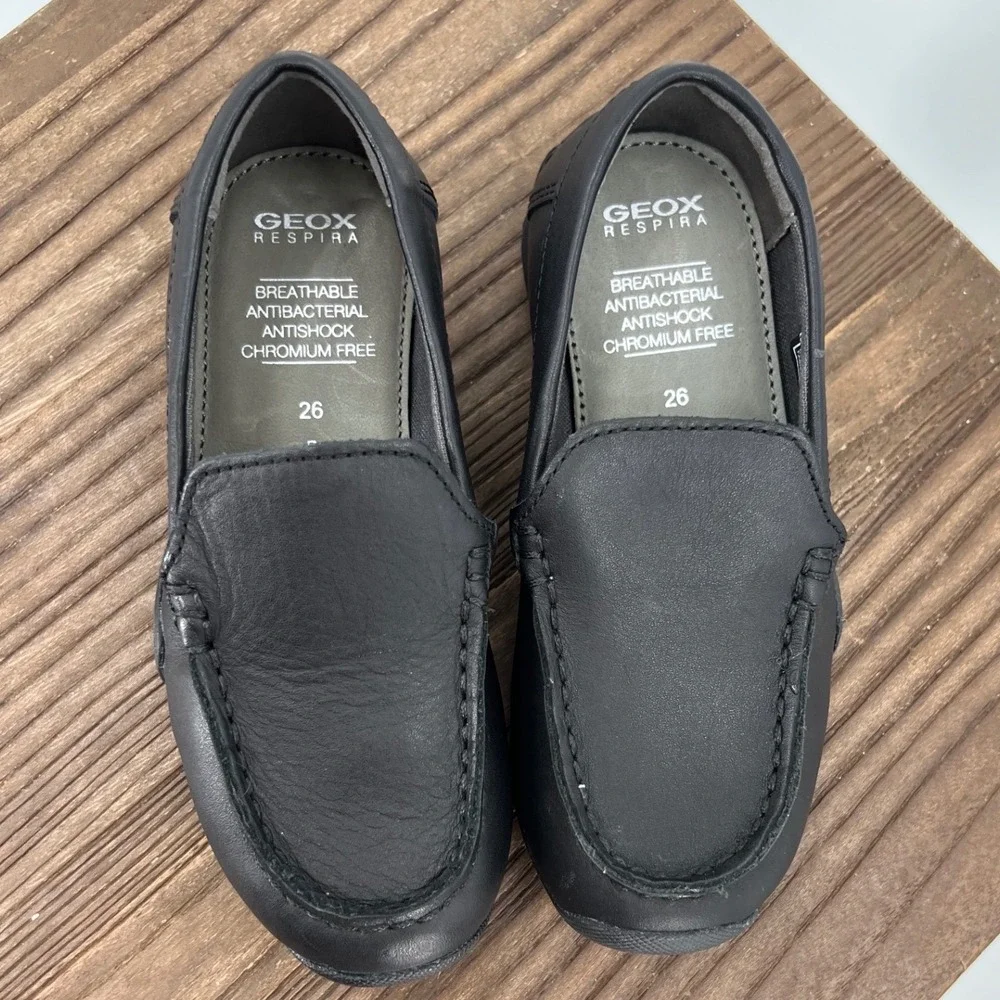Geox Respira Boys Black Leather Loafers‎ Driving Mocs Slip On Shoes Size 26 EU